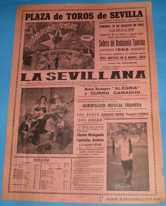Tauromachie: CARTEL DE TOROS. PLAZA DE SEVILLA. ESPECTACULO SOLERA DE ANDALUCIA TAURINA 1965.