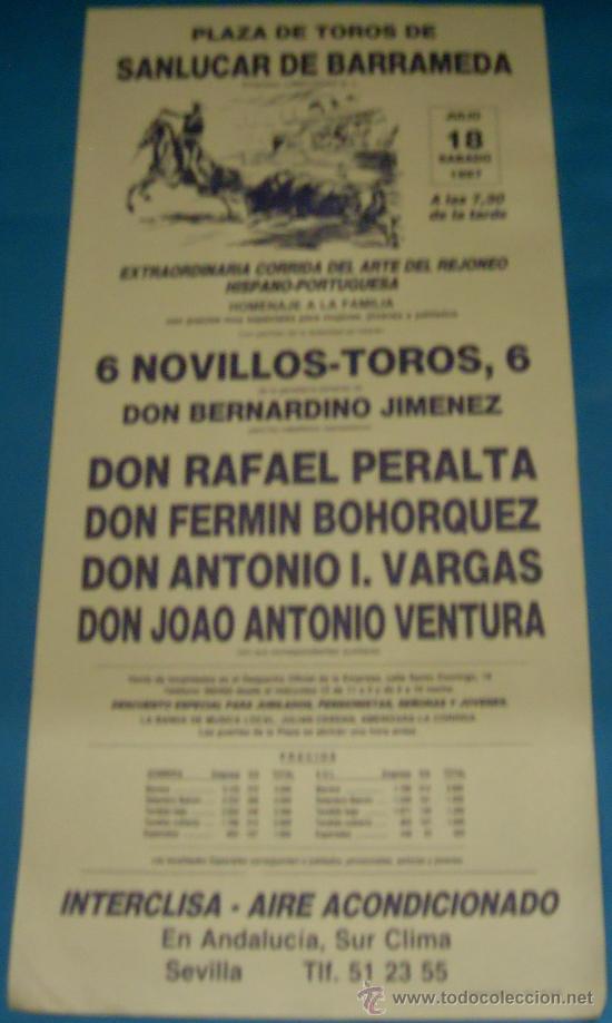 Bullfighting: CARTEL DE TOROS. PLAZA DE SANLUCAR DE BARRAMEDA. RAFAEL PERALTA, FERMIN BOHORQUEZ...A&Ntilde;O 1987.