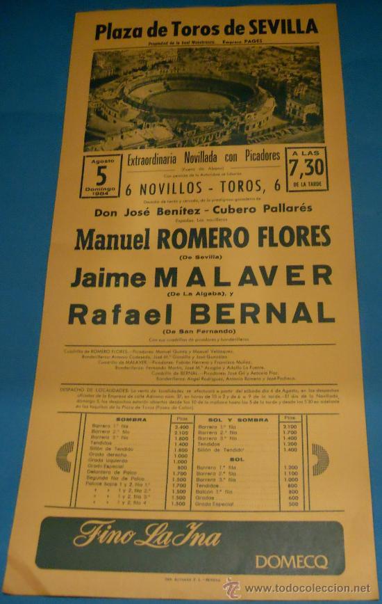 Bullfighting: CARTEL DE TOROS. PLAZA DE SEVILLA. MANUEL ROMERO FLORES, JAIME MALAVER Y RAFAEL BERNAL. A&Ntilde;O 1984.