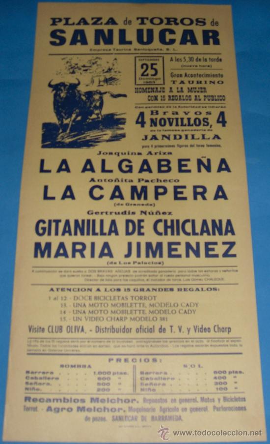 Stierkampf: CARTEL DE TOROS. PLAZA DE SANLUCAR DE BDA. LA ALGABE&Ntilde;A, LA CAMPERA, GITANILLA DE CHICLANA...A&Ntilde;O 1983