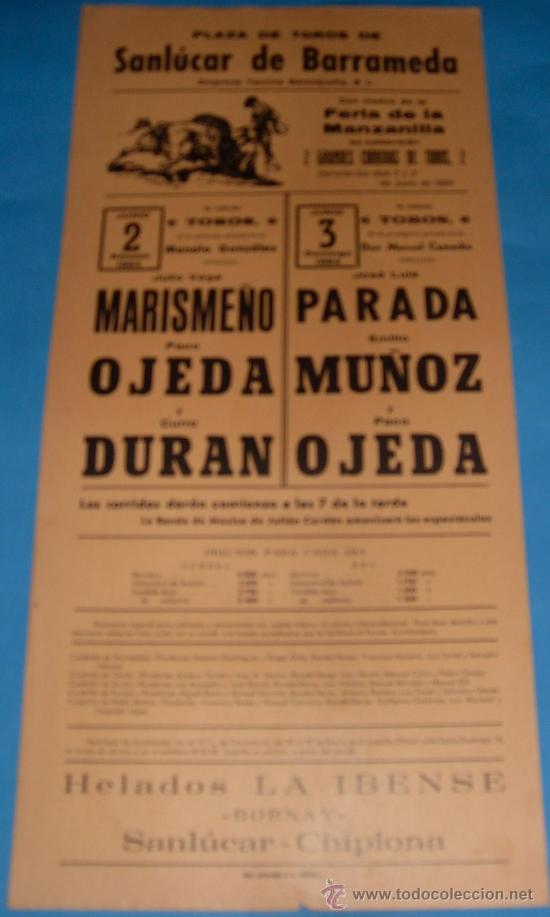 Stierkampf: CARTEL DE TOROS. PLAZA DE SANLUCAR DE BDA. MARISME&Ntilde;O, PACO OJEDA, CURRO DURAN...A&Ntilde;O 1984.