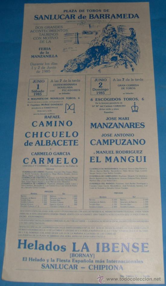 Stierkampf: CARTEL DE TOROS. PLAZA DE SANLUCAR. FERIA DE LA MANZANILLA 1985.