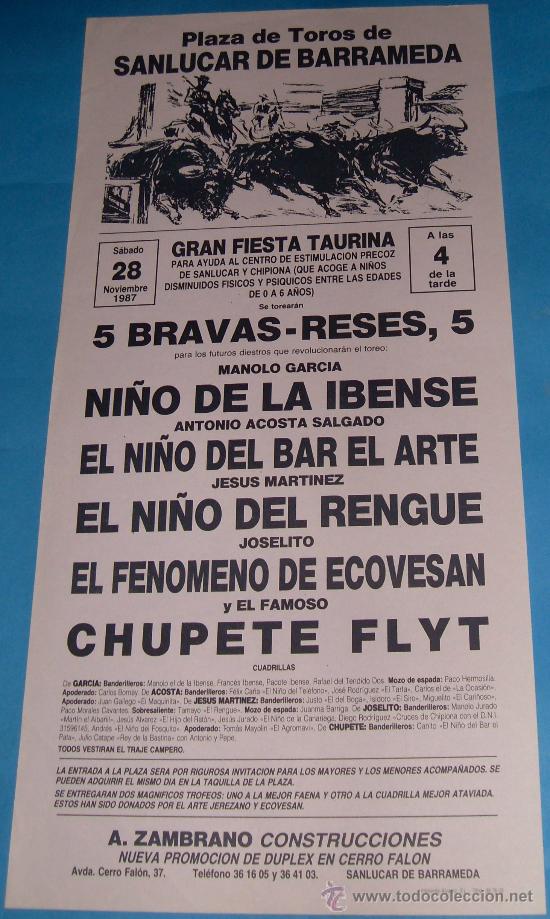 Stierkampf: CARTEL DE TOROS. PLAZA DE SANLUCAR. NI&Ntilde;O DE LA IBENSE, NI&Ntilde;O DEL BAR DEL ARTE, NILO DEL RENGUE...1987