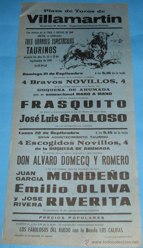 Stierkampf: CARTEL DE TOROS. PLAZA DE VILLAMARTIN. 3 GRANDES ESPECTACULOS TAURINOS. A&Ntilde;O 1969.