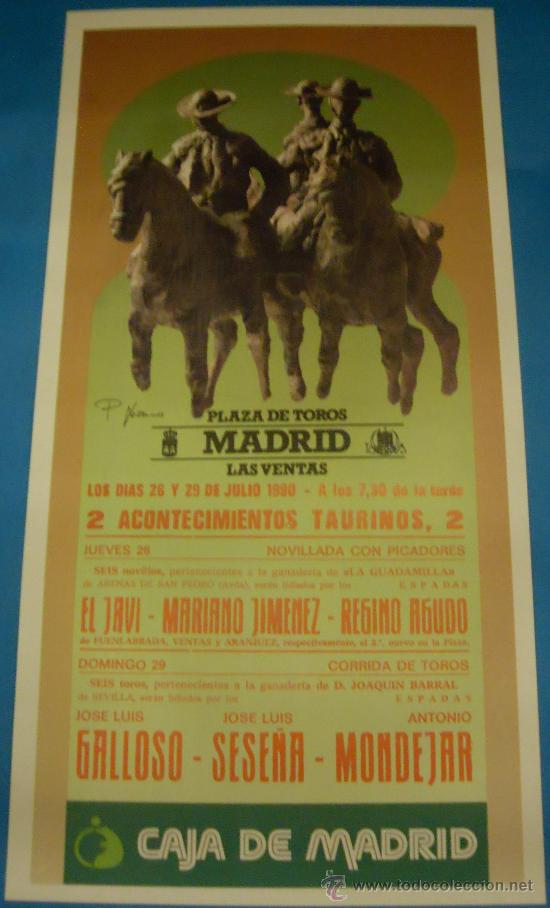 Stierkampf: CARTEL DE TOROS. PLAZA DE MADRID. EL JAVI, JAVIER MORENO Y REGINO AGUDO. A&Ntilde;O 1990.