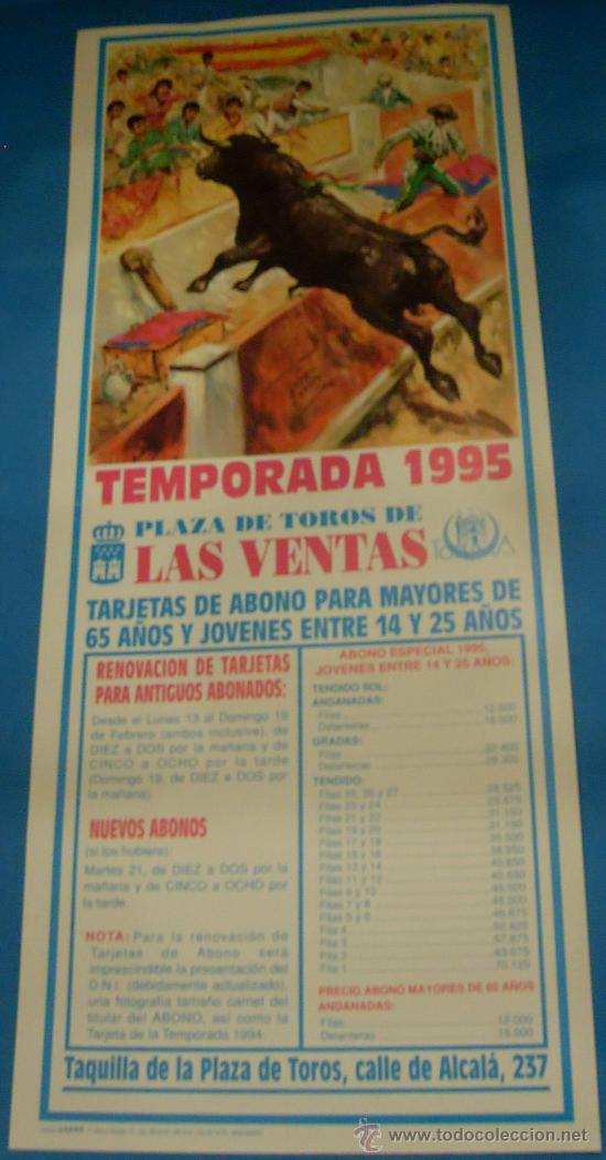 Bullfighting: CARTEL DE TOROS. PLAZA DE MADRID. TARJETAS DE ABONO PARA MAYORES DE 65 A&Ntilde;OS Y JOVENES. A&Ntilde;O 1995.
