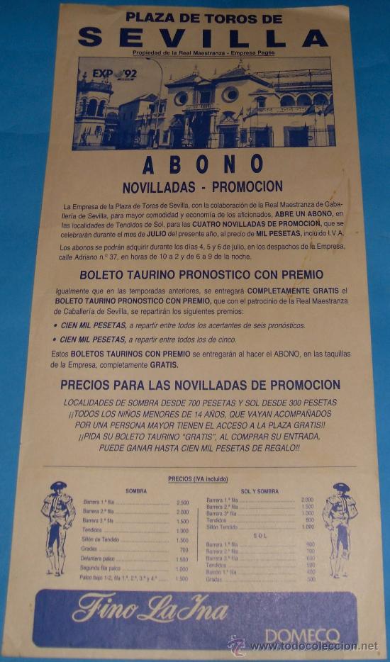 Stierkampf: CARTEL DE TOROS. PLAZA DE SEVILLA. ABONO DE NOVILLADAS-PROMOCION.