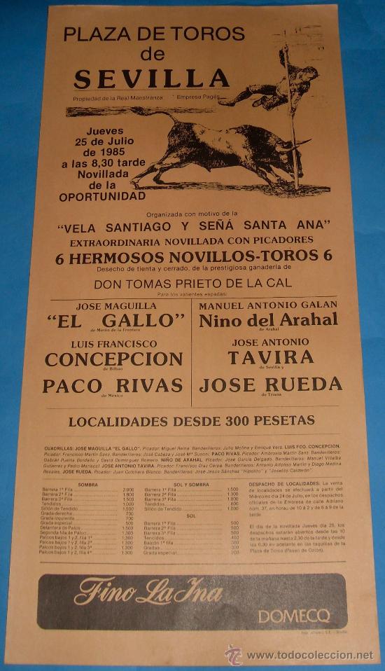 Tauromachia: CARTEL DE TOROS. PLAZA DE SEVILLA. ORGANIZADA POR LA VELA SANTIAGO Y SE&Ntilde;A SANTA ANA. A&Ntilde;O 1985.