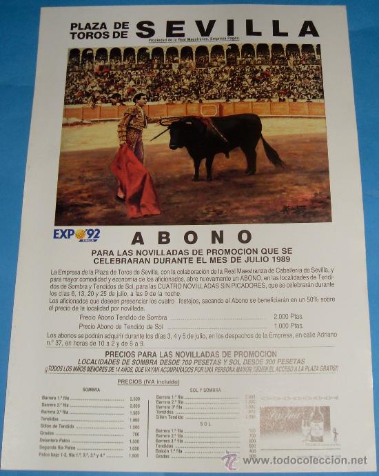 Tauromachie: CARTEL DE TOROS. PLAZA DE SEVILLA. ABONO DE NOVILLADAS DE PROMOCION JULIO 1989.