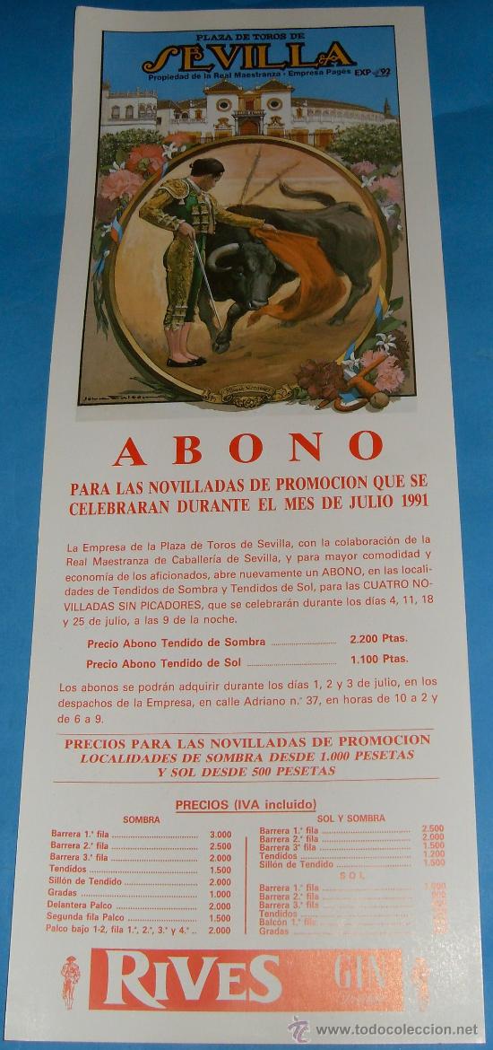 Tauromachia: CARTEL DE TOROS. PLAZA DE SEVILLA. ABONO PARA LAS NOVILLADAS DE PROMOCION, JULIO 1991.