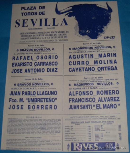 Tauromachia: CARTEL DE TOROS. PLAZA DE SEVILLA. NOVILLADAS DE PROMOCION A NUEVOS VALORS DE TOREROS. A&Ntilde;O 1991.