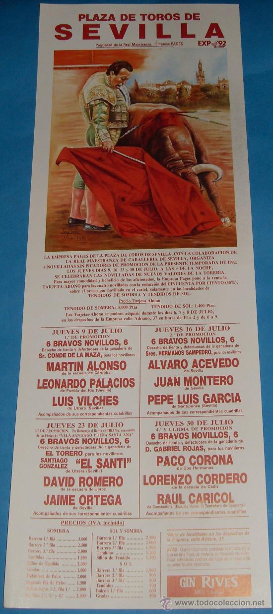Tauromachia: CARTEL DE TOROS. PLAZA DE SEVILLA. NOVILLADAS DE NUEVOS VALORES DE LA TORERIA. A&Ntilde;O 1992.