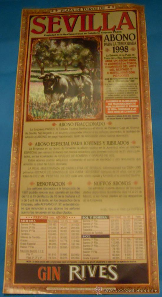 Stierkampf: CARTEL DE TOROS. PLAZA DE SEVILLA. ABONO PARA LA TEMPORADA 1998.