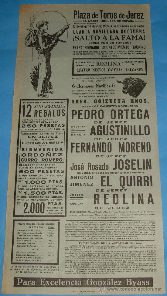 Tauromachia: CARTEL DE TOROS. PLAZA DE JEREZ DE LA FRA. PEDRO ORTEGA, AGUSTINILLO, FERNANDO MORENO...A&Ntilde;O 1965.