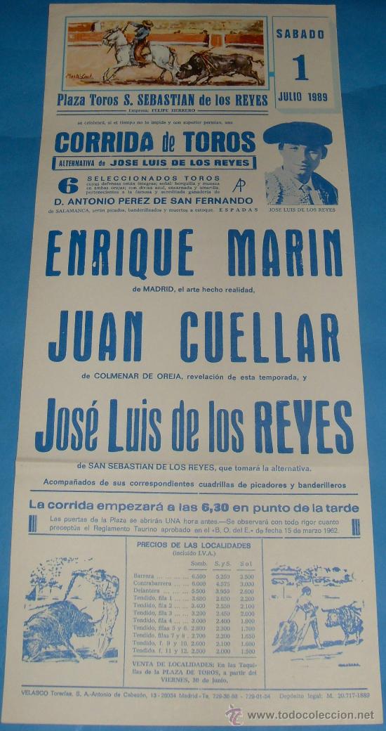 Tauromachie: CARTEL DE TOROS. PLAZA DE SEBASTIAN DE LOS REYES. ALTERNATIVA DE JOSE LUIS DE LOS REYES. A&Ntilde;O 1989.
