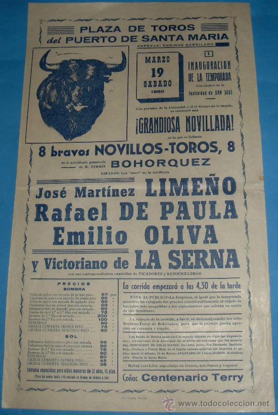 Tauromachia: CARTEL DE TOROS. PLAZA DEL PUERTO. LIME&Ntilde;O, RAFAEL DE PAULA, Y EMILIO OLIVA. A&Ntilde;O 1960.