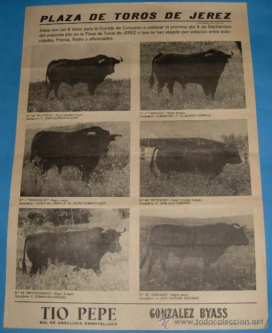 Bullfighting: CARTEL DE TOROS. PLAZA DE JEREZ. PRESENTACION DE LOS TOROS PARA CORRIDA EL DIA 9 SEPTIEMBRE DE 1978.