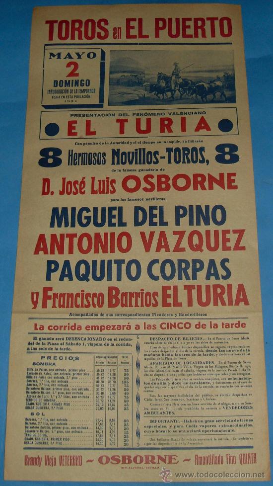 Bullfighting: CARTEL DE TOROS. PLAZA DEL PUERTO. MIGUEL DEL PINO, ANTONIO VAZQUEZ, PAQUITO CORPAS Y EL TURIA. 1954