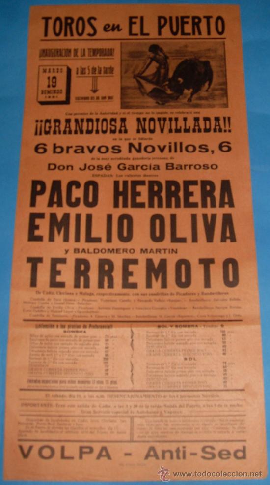 Bullfighting: CARTEL DE TOROS. PLAZA DEL PUERTO. PACO HERRERA, EMILIO OLIVA Y TERREMOTO. A&Ntilde;O 1961.