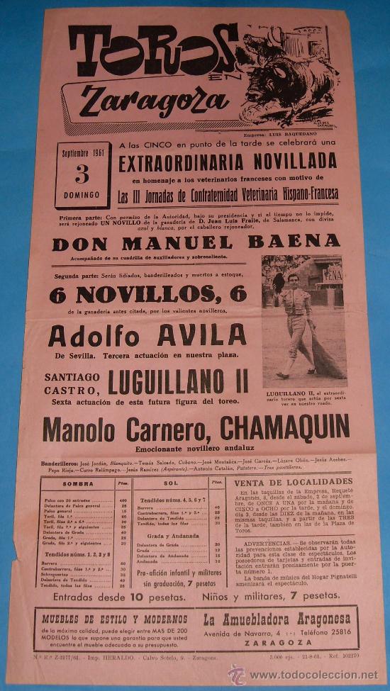 Bullfighting: CARTEL DE TOROS. PLAZA DE ZARAGOZA. III JORNADAS DE CONFRATERNIDAD HISPANO-FRANCESA. A&Ntilde;O 1961.