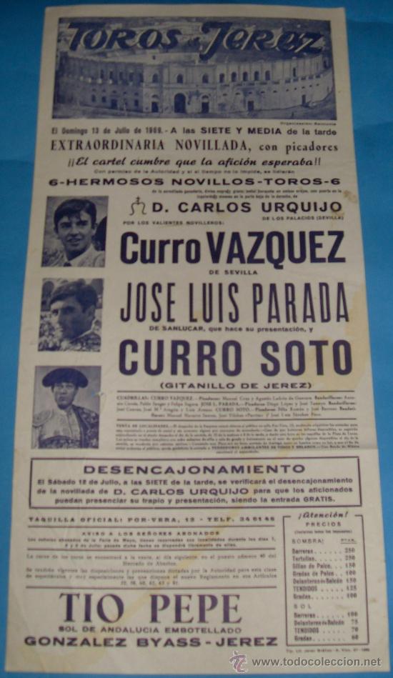 Bullfighting: CARTEL DE TOROS. PLAZA DE JEREZ. CURRO VAZQUEZ, JOSE LUIS PARADA Y CURRO SOTO. A&Ntilde;O 1969.