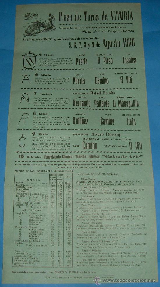 Bullfighting: CARTEL DE TOROS. PLAZA DE VITORIA. 5 GRANDES CORRIDAS DE TOROS POR LA VIRGEN BLANCA. A&Ntilde;O 1966.