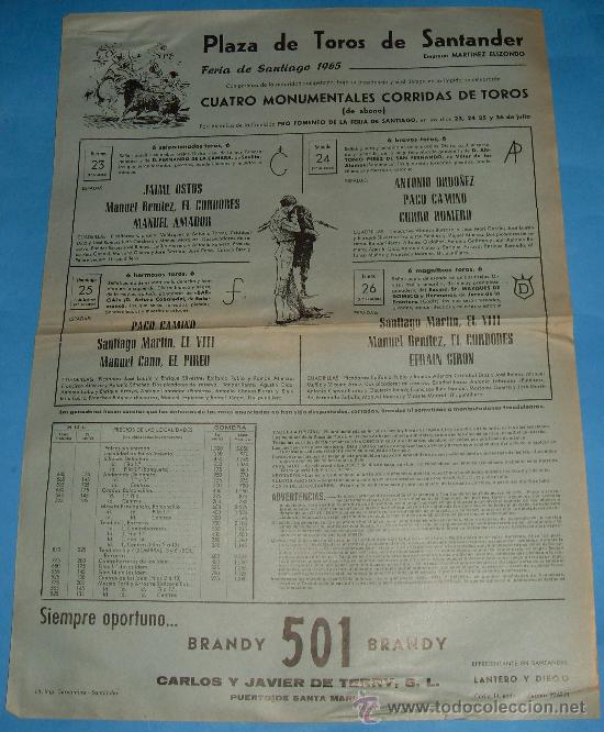 Bullfighting: CARTEL DE TOROS. PLAZA DE SANTANDER. 4 MONUMENTALES CORRIDAS DE TOROS. A&Ntilde;O 1965.