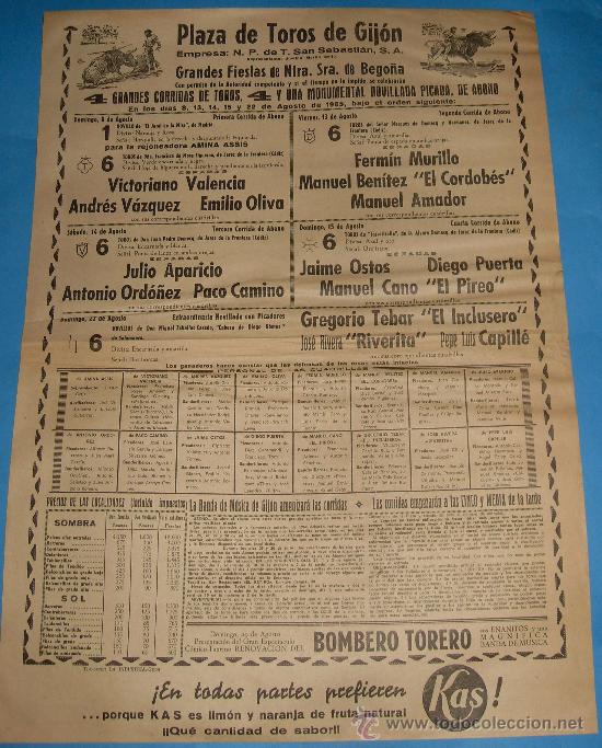 Bullfighting: CARTEL DE TOROS. PLAZA DE GIJON. GRANDES FIESTAS DE NTRA. SE&Ntilde;ORA DE BEGO&Ntilde;A. A&Ntilde;O 1965.