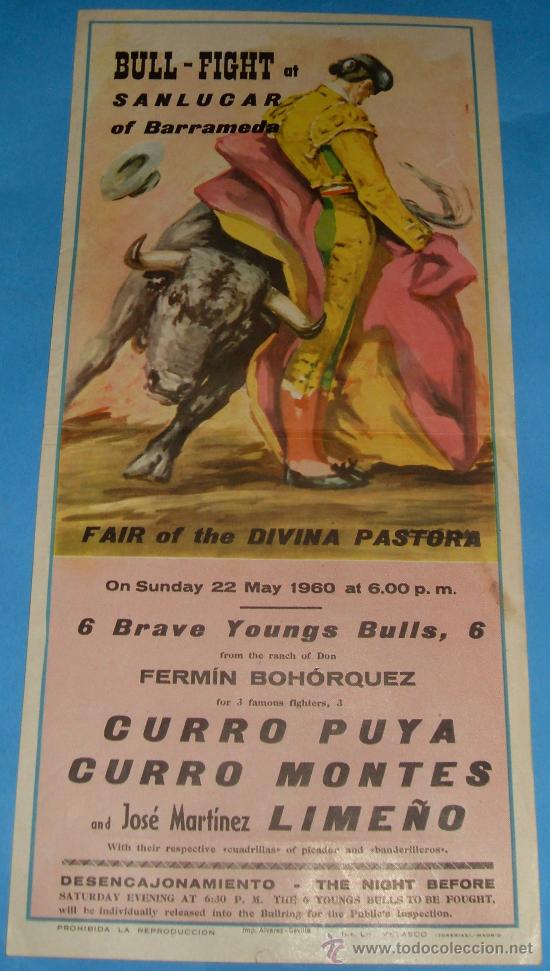 Bullfighting: CARTEL DE TOROS. PLAZA DE SANLUCAR. CURRO PUYA, CURRO MONTES Y LIME&Ntilde;O. A&Ntilde;O 1960.