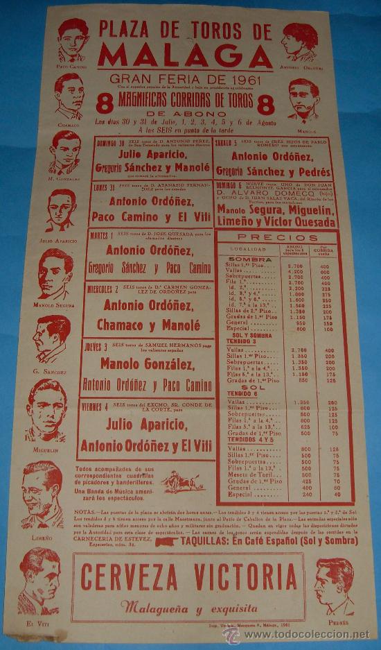 Stierkampf: CARTEL DE TOROS. PLAZA DE MALAGA. GRAN FERIA DE 1961. 8 CORRIDAS DE TOROS VISIBLES EN CARTEL.