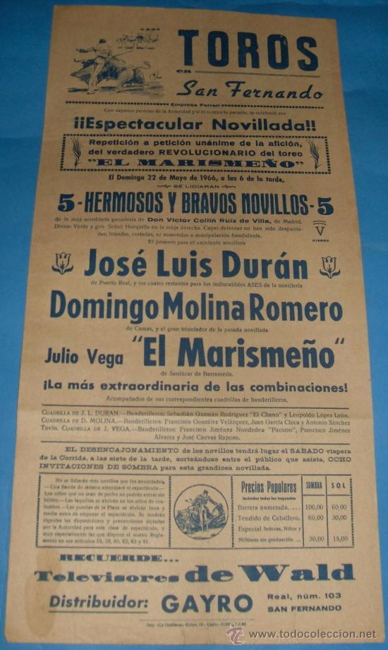 Stierkampf: CARTEL DE TOROS. PLAZA DE SAN FERNANDO. JOSE LUIS DURAN, DOMINGO MOLINA ROMERO Y MARISME&Ntilde;O. A&Ntilde;O 1966