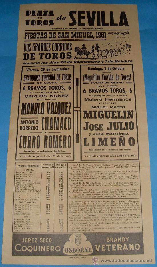 Tauromaquia: CARTEL DE TOROS. PLAZA DE SEVILLA. FIESTAS DE SAN MIGUEL 1961.