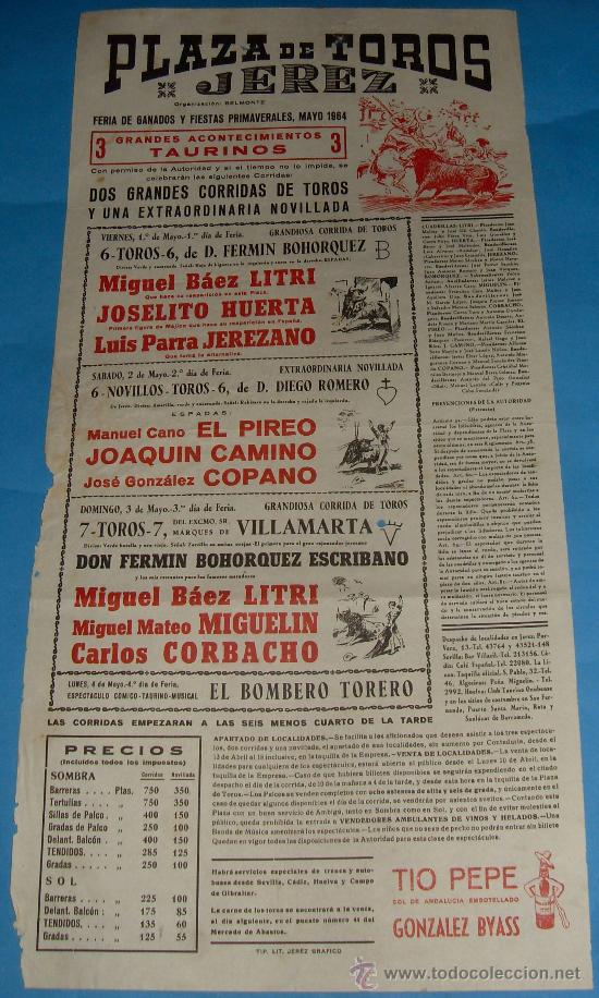 Stierkampf: CARTEL DE TOROS. PLAZA DE JEREZ. FERIA DE GANADOS Y FIESTAS PRIMAVERALES. A&Ntilde;O 1964.