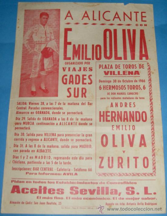 Stierkampf: CARTEL DE TOROS. PLAZA DE ALICANTE. ANDRES HERNANDO, EMILIO OLIVA Y ZURITO. A&Ntilde;O 1966.
