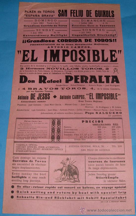 Stierkampf: CARTEL DE TOROS. PLAZA DE SAN FELIU DE GUIXOLS. PRESENTACION DEL TORERO MEJICANO EL IMPOSIBLE. 1962.