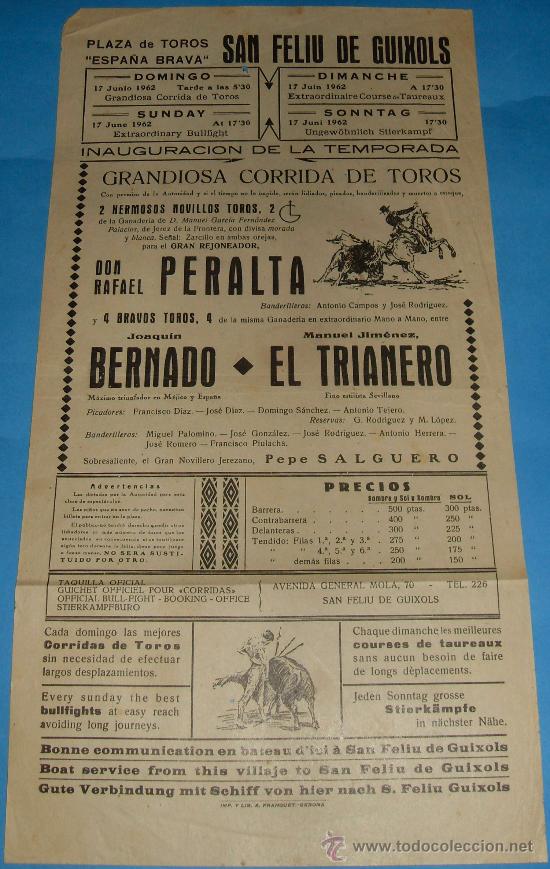 Stierkampf: CARTEL DE TOROS. PLAZA DE SAN FELIU DE GUIXOLS. RAFAEL PERALTA, JOAQUIN BERNARDO Y EL TRIANERO. 1962