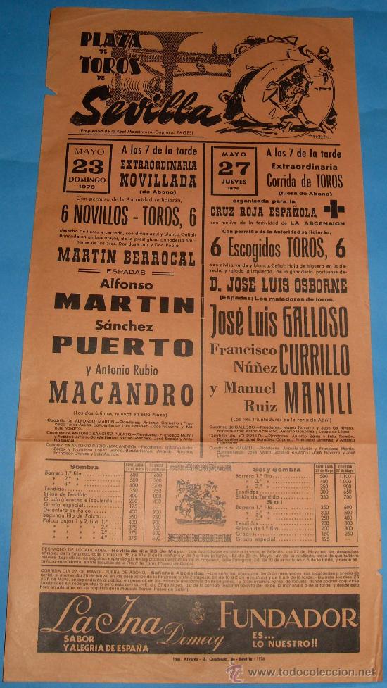 Tauromachia: CARTEL DE TOROS. PLAZA DE SEVILLA. ALFONSO MARTIN, SANCHEZ PUERTO, MACANDRO...A&Ntilde;O 1976.