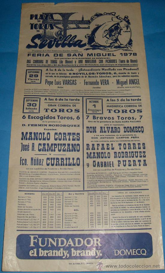 Tauromaquia: CARTEL DE TOROS. PLAZA DE SEVILLA. FERIA DE SAN MIGUEL 1978.