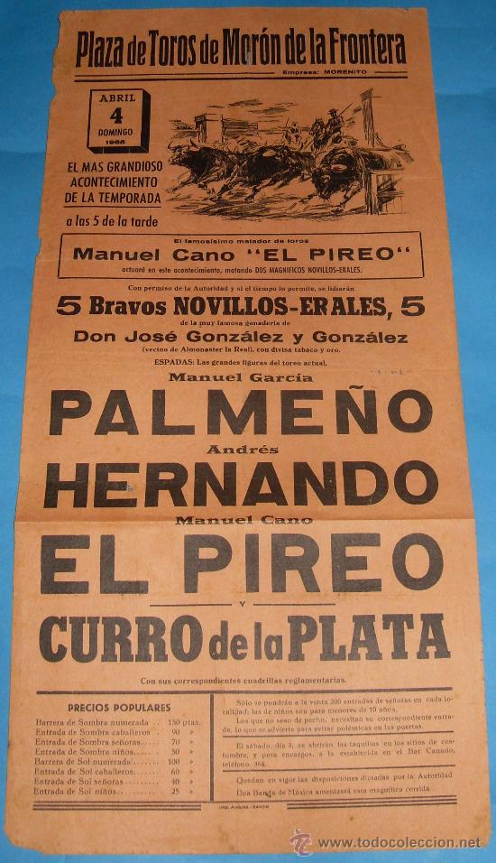 Tauromachia: CARTEL DE TOROS. PLAZA DE SEVILLA. PALME&Ntilde;O, ANDRES HERNANDO Y EL PIREO. A&Ntilde;O 1965.