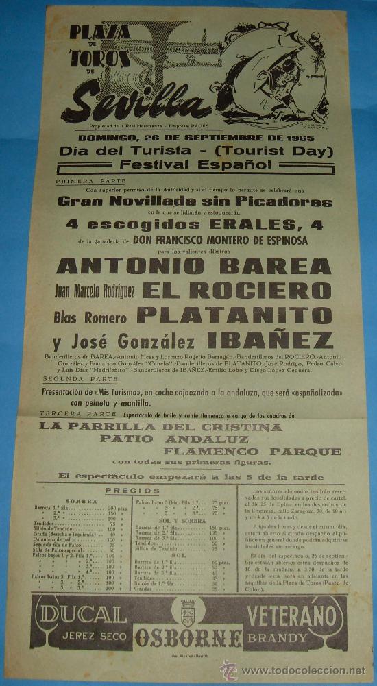 Tauromachia: CARTEL DE TOROS. PLAZA DE SEVILLA. ANTONIO BAREZ, EL ROCIERO, PLATANITO Y JOSE GONZALEZ IBA&Ntilde;EZ. 1965