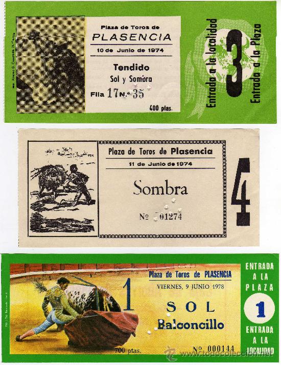 Tauromachie: BONITAS ENTRADA DE TOROS - PLASENCIA (CACERES) - A&Ntilde;OS 1974 Y 1978 - LOTE 3 ENTRADAS