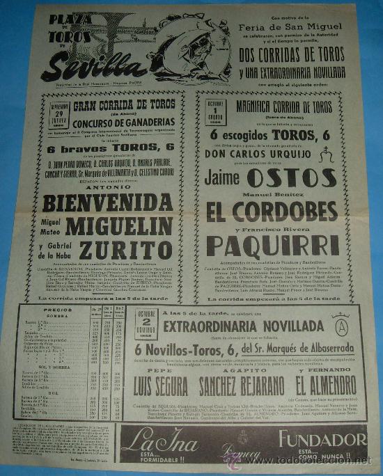 Tauromaquia: CARTEL DE TOROS. PLAZA DE SEVILLA. FIESTAS DE SAN MIGUEL. A&Ntilde;O 1966. ANTONIO BIENVENIDA, MIGUELIN...