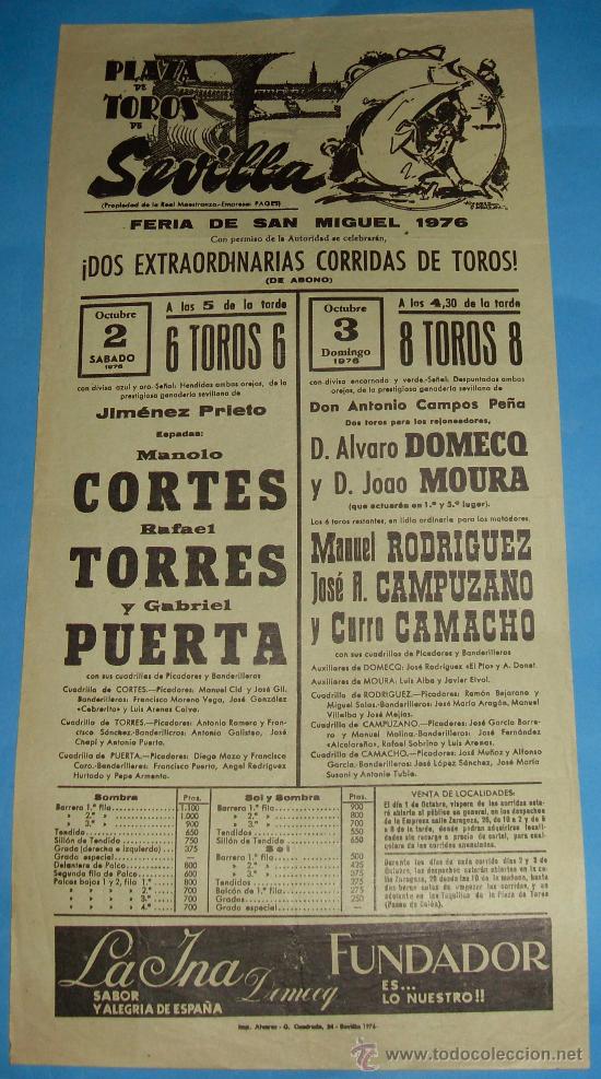 Tauromaquia: CARTEL DE TOROS. PLAZA DE SEVILLA. FIESTAS DE SAN MIGUEL. A&Ntilde;O 1976. MANOLO CORTES, RAFAEL TORRES...