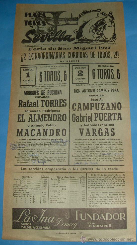 Tauromaquia: CARTEL DE TOROS. PLAZA DE SEVILLA. FIESTAS DE SAN MIGUEL. A&Ntilde;O 1977. JOSE A. CAMPUZANO...