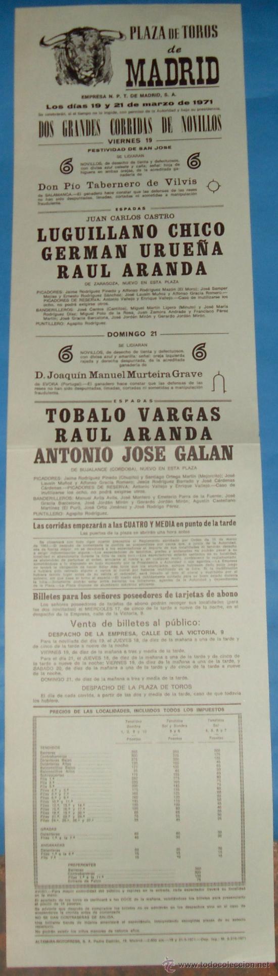 Stierkampf: CARTEL DE TOROS. PLAZA DE MADRID. 2 GRANDES CORRIDAS DE NOVILLOS. A&Ntilde;O 1971.