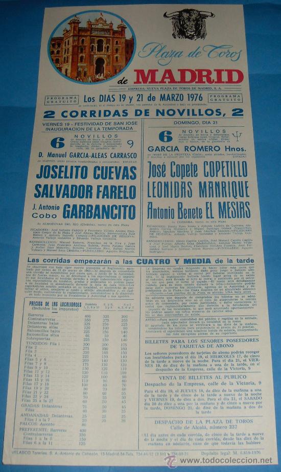 Tauromaquia: CARTEL DE TOROS. PLAZA DE MADRID. 2 CORRIDAS DE NOVILLOS. JOSELITO CUEVAS, SALVADOR FARELO...1976.