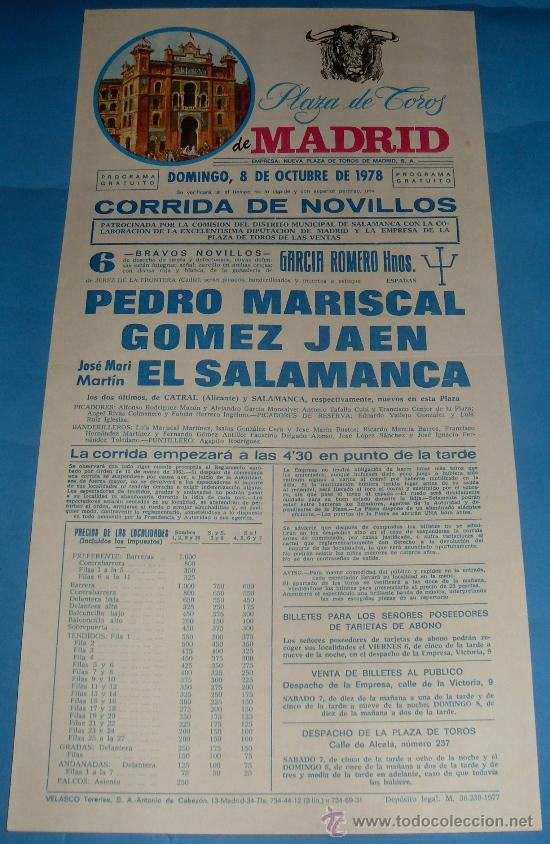 Tauromachia: CARTEL DE TOROS. PLAZA DE MADRID. PEDRO MARISCAL, GOMEZ JAEN Y EL SALAMANCA. A&Ntilde;O 1978.