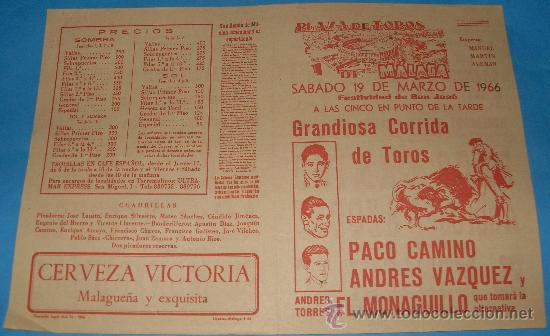 Tauromachie: PROGRAMA DE TOROS. PLAZA DE MALAGA. PACO CAMINO, ANDRES VAZQUEZ Y EL MONAGUILLO. A&Ntilde;O 1966.