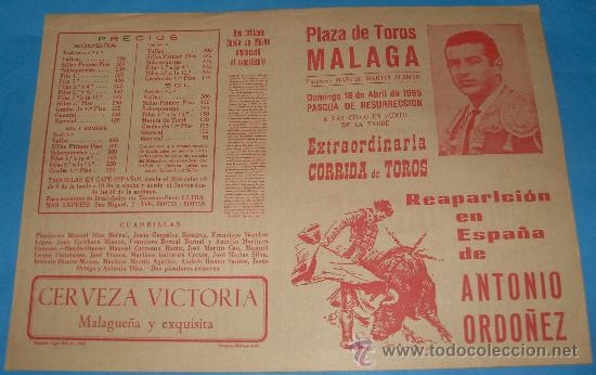 Tauromachie: PROGRAMA DE TOROS. PLAZA DE MALAGA. REAPARICION EN ESPA&Ntilde;A DE ANTONIO ORDO&Ntilde;EZ. A&Ntilde;O 1965.