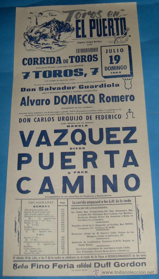 Tauromachia: CARTEL DE TOROS. PLAZA DEL PUERTO. MANOLO VAZQUEZ, DIEGO PUERTA Y PACO CAMINO. A&Ntilde;O 1964.